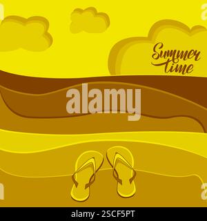 Vista mare con spiaggia e sandali illustrazione vettoriale con testo Summer Time Illustrazione Vettoriale