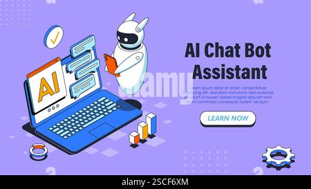 Poster dell'assistente bot della chat AI. Bot con notebook. Intelligenza artificiale e apprendimento automatico. Automazione delle risposte alle domande. Pagina Web di destinazione Illustrazione Vettoriale