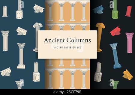 Colonne antiche con motivo senza cuciture. Elemento di design ripetuto per la stampa su tessuto. Colonne di marmo. Cultura e architettura. Carta da parati e texture Illustrazione Vettoriale