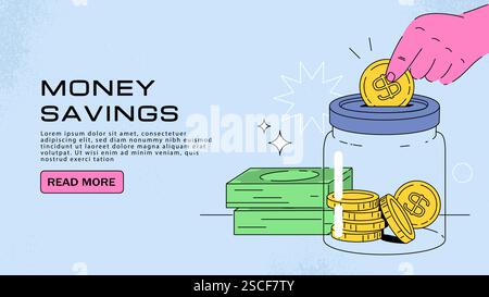 Poster risparmio di denaro. Distribuite monete dorate in vasetti di vetro. Risparmio e budget per la famiglia. Budget e contabilità. Investimenti e depositi. Atterraggio Illustrazione Vettoriale