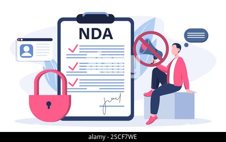 Accordo di non divulgazione. Uomo vicino agli appunti con contratto. Accordo e accordo commerciale. Firma riservata. Sicurezza e sicurezza delle transazioni Illustrazione Vettoriale