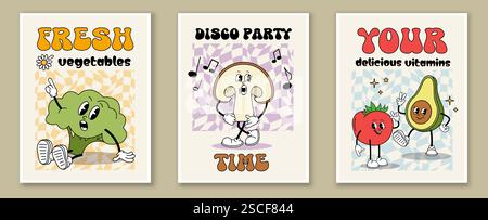 Set di poster dei personaggi delle verdure. Striscioni con broccoli, avocado, pomodoro e funghi. Negli anni '80 e '90 Volantini psichedelici. Vettore piatto Illustrazione Vettoriale