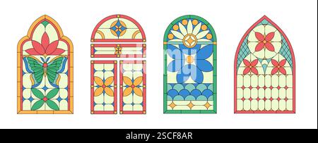 Set di finestre in vetro colorato. Motivi colorati e ornamenti sugli occhiali. Creatività e arte. Decorazione della cappella cristiana. Raccolta vettoriale piatta Illustrazione Vettoriale