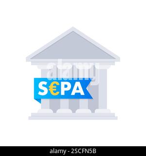 Area unica SEPA per i pagamenti in euro con l'insegna dell'euro sul nastro blu avvolto intorno all'edificio governativo Illustrazione Vettoriale