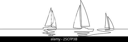 barche a vela con linea continua che disegnano spazi di testo per illustrazioni vettoriali minimaliste Illustrazione Vettoriale