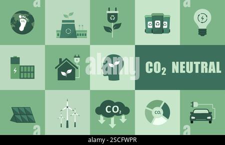 Set di icone ecologiche. CO2 neutro. Collezione segnali ambientali ecologici. Energia verde, zero netto. Economia circolare. Poster del design Bauhaus. Illustrazione vettoriale Illustrazione Vettoriale