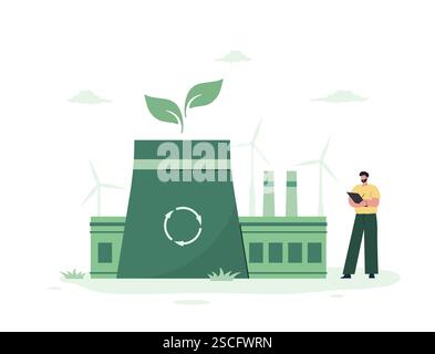CO2 neutra. Fabbrica industriale verde con energia rinnovabile. Concetto di responsabilità ambientale e basse emissioni di carbonio. Zero netto. Illustrazione vettoriale in Illustrazione Vettoriale