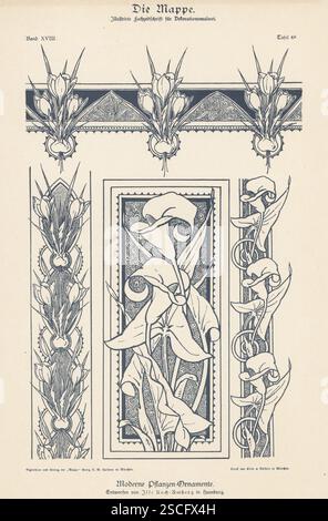 Moderno ornamento botanico di Ilse Koch-Amberg di Amburgo, moglie di Hugo Amberg, bordi decorati con croco e giglio. Moderne Pflanzen-Ornamente. Die Mappe, Vol. 18, PL. 48. Litografia di Hans Kohler and Co. Da Ludwig Reisberger’s Die Mappe, Ilustrierte Fachzeitschrift fur Maler und verwandre Gewerbe, The Folder, Illustrated Trade Magazine for Painters, Monaco di Baviera, Germania, 1898. Foto Stock
