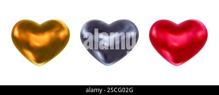 Set di realistici colori 3d cuori rosso, oro e argento. Illustrazione vettoriale per biglietti d'auguri romantici, invito, design, banner, volantino, poster Illustrazione Vettoriale