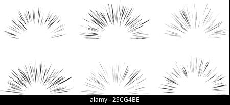 Linee della velocità di esplosione. Raffica radiale comica su sfondo bianco. Elementi di movimento manga vettoriali di burst. Cornice dei supereroi, bagliore e raggi di potenza. Scintille di Illustrazione Vettoriale