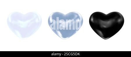 Set di colori realistici cuori brillanti bianchi, argentati e neri. cuori in vetro lucido 3d per biglietti d'auguri romantici, inviti, design, banner, volantini Illustrazione Vettoriale