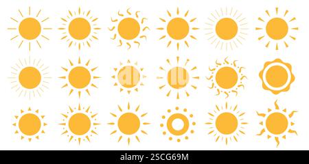 Set clipart icona Sole. Logo solare giallo e illustrazione vettoriale clip art della collezione di simboli elementi semplici con una varietà di raggi solari in una grafica piatta Illustrazione Vettoriale