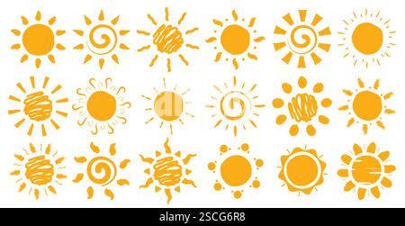Set di icone clipart disegno sole. Sole giallo nella collezione di simboli di clip art disegnati a mano con scarabocchi e vettore grafico a spirale Illustrazione Vettoriale