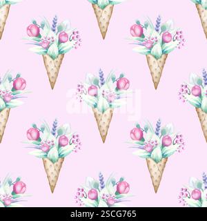 Bouquet di fiori in cono di waffle su sfondo rosa. Disegna a mano il motivo senza cuciture dell'acquerello nei colori verde, rosa e beige per il design della festa della mamma e della donna, per il confezionamento dei saluti, per il tessuto e il tessuto. Foto Stock