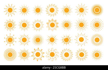Set clipart icona Sole. Clip per il sole gialla e logo Flat symbol collezione estiva con una varietà di illustrazioni vettoriali dei raggi solari su sfondo bianco. Illustrazione Vettoriale