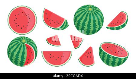 Set clipart di frutta estiva anguria. Collezione di clip art disegnata con anguria di frutta tropicale in immagini vettoriali intere, affettare e tagliare gli elementi delle icone. Illustrazione Vettoriale