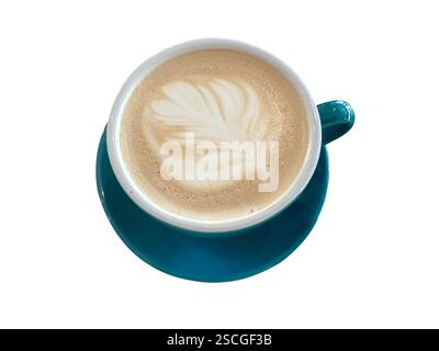 Una tazza di caffè con un'immagine in foglia all'interno, prodotto isolato Foto Stock