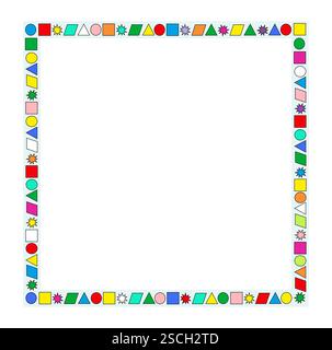 Cornici e bordi decorativi per bambini per inviti, saluti, cartoline. Quadrato. Disposizione di vari elementi geometrici colorati. Copia spazio Foto Stock