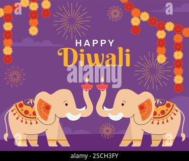 Happy Diwali, Diwali Concept banner con elefanti. Festeggia il festival delle luci Illustrazione Vettoriale