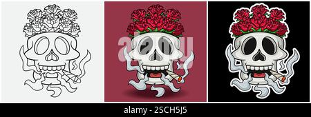 Rose all'interno della testa del teschio con fumatore personaggio Cartoon. Bianco e nero, colorato e stile adesivo. Per stampa T-shirt, Logo del marchio, etichetta e mascotte Illustrazione Vettoriale