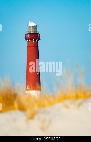 Faro di Barnegat in una giornata invernale di uccelli rossi Foto Stock