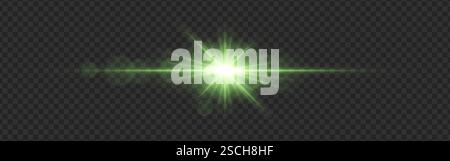 Luce verde con un bagliore luminoso e riflessi della lente su uno sfondo scuro trasparente. I fasci radianti e una striscia orizzontale creano un futuristi Illustrazione Vettoriale