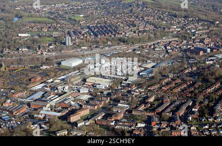 Vista aerea dell'industria a Stalybridge intorno all'area di Bayley Street, Bridge Street e Dale Street Foto Stock