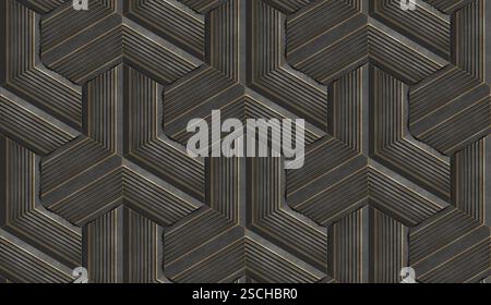 Questa illustrazione 3D mostra un motivo esagonale con dettagli a strisce, creando un design geometrico complesso. Il disegno fonde texture e profondità, Foto Stock