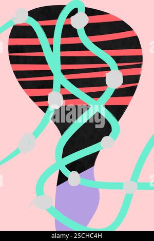 Questa illustrazione minimalista astratta presenta linee organiche che si intrecciano con forme geometriche su uno sfondo pastello, creando un artista moderno Foto Stock