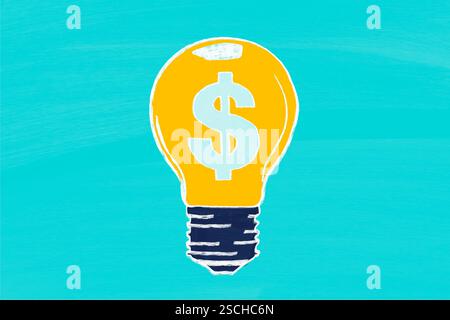 Una lampadina gialla con un simbolo del dollaro al centro su uno sfondo turchese rappresenta idee finanziarie innovative. Perfetto per affari e creatività Foto Stock