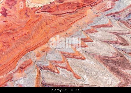 L'impressionante fotografia aerea mostra le intricate e colorate formazioni rocciose che circondano il fiume San Juan nello Utah, mettendo in risalto l'esclusiva struttura geologica Foto Stock