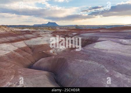 Incredibile scatto aereo che cattura le colline bentonite multicolore e stratificate in un paesaggio desertico sotto un morbido cielo al tramonto, mostrando la bellezza naturale Foto Stock