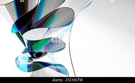 Composizione astratta dinamica caratterizzata da colorate forme di vetro 3D vorticose con riflessi di luce, che creano una visualizzazione vivida di movimenti e colori contrastanti Foto Stock