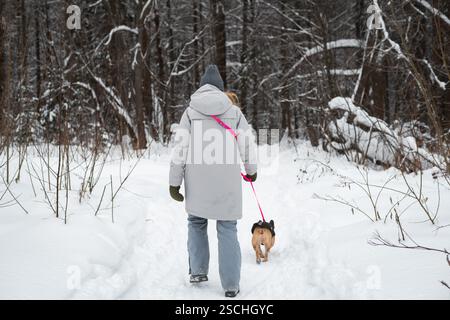 Una persona, impacchettata in abbigliamento invernale, cammina il suo cane su un sentiero innevato nella foresta. Il tranquillo paesaggio cattura l'essenza della tranquilla attività all'aperto invernale Foto Stock