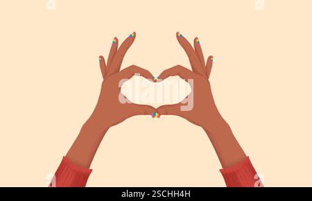 Mani illustrate a forma di cuore con unghie colorate su sfondo beige. La vivace nail art aggiunge un tocco giocoso al gesto Foto Stock