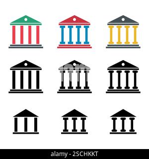 Set di icona dell'architettura universitaria, simbolo romano del museo, illustrazione vettoriale a disegno piatto . Illustrazione Vettoriale