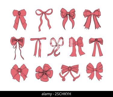 Set vettoriale di fiocchi rosa alla moda, disegnati a mano. Illustrazione Vettoriale