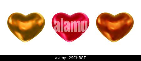 Set di realistici colori 3d cuori rosso, oro, bronzo, arancione. Illustrazione vettoriale per biglietti d'auguri romantici, invito, design, banner, volantino, poster Illustrazione Vettoriale