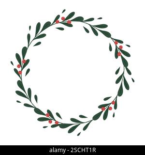 Corona natalizia di rami verdi piatti con bacche rosse. Emerald holly se ne va. Cornice botanica. Illustrazione ad acquerello dipinto a mano per Foto Stock