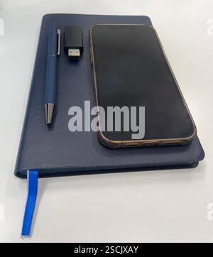 Un notebook blu, una penna, una scheda flash USB e uno smartphone sono posizionati su una superficie bianca pulita Foto Stock