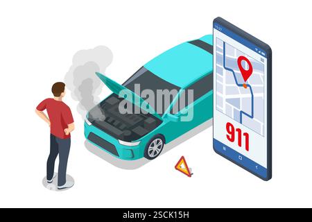 Incidente d'auto. Illustrazione vettoriale isometrica di un incidente stradale con due auto danneggiate. Chiama i servizi di emergenza, con una bolla di 911 discorsi sopra di lui Illustrazione Vettoriale