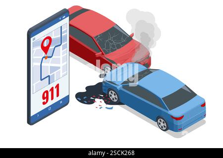 Incidente d'auto. Illustrazione vettoriale isometrica di un incidente stradale con due auto danneggiate. Chiama i servizi di emergenza, con una bolla di 911 discorsi sopra di lui Illustrazione Vettoriale