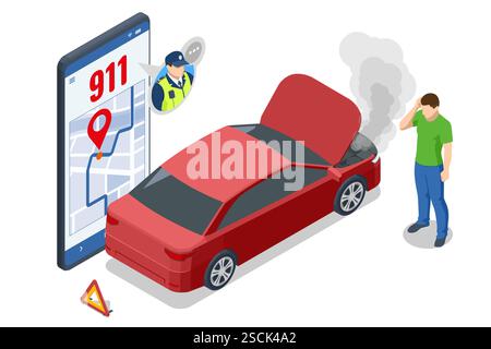 Incidente d'auto. Illustrazione vettoriale isometrica di un incidente stradale con due auto danneggiate. Chiama i servizi di emergenza, con una bolla di 911 discorsi sopra di lui Illustrazione Vettoriale