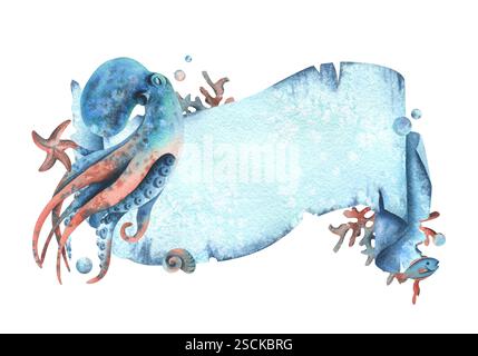 Rotolo per striscioni in carta, a tema marino con animali subacquei, polpi, stelle marine, coralli, conchiglie, pesce e bollicine. Illustrazione disegnata a mano in acquerello Foto Stock