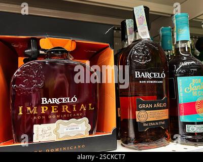 Kiev, Ucraina - 4 febbraio 2025: Bottiglie di rum domenicano presentate in una disposizione accattivante. Foto Stock