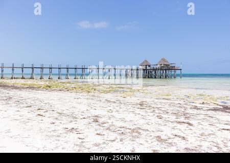Molo in legno con capanna sulla spiaggia nelle giornate di sole. Bassa marea dell'Oceano Indiano. Idilliaco resort esotico. Molo in prospettiva con bungalow. Paradiso tropicale. Foto Stock