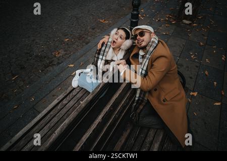 Una coppia allegra che si gode la giornata autunnale seduta giocherellmente su una panchina del parco Foto Stock