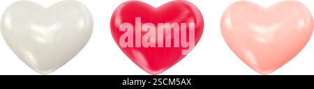 cuori brillanti 3d bianchi, rosa, rossi. Simboli d'amore, romantici. Elementi di design per San Valentino, matrimoni ed eventi romantici. Illustrazione vettoriale Illustrazione Vettoriale
