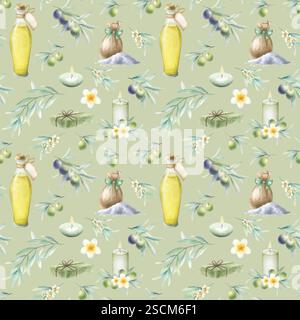 Olio d'oliva in bottiglia, sapone d'aleppo, sale marino sparso e in sacco, candele, frangipani, rami d'oliva. Acquerello disegnato a mano motivo senza cuciture su colore oliva chiaro per il design di un salone di bellezza. Foto Stock