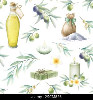 Olio d'oliva in bottiglia di vetro, sapone d'aleppo, sale marino sparso e in sacco, candele, fiori di frangipani e rami d'oliva. Disegno ad acquerello con disegno a mano e isolamento senza cuciture per confezione e design di un salone spa. Foto Stock
